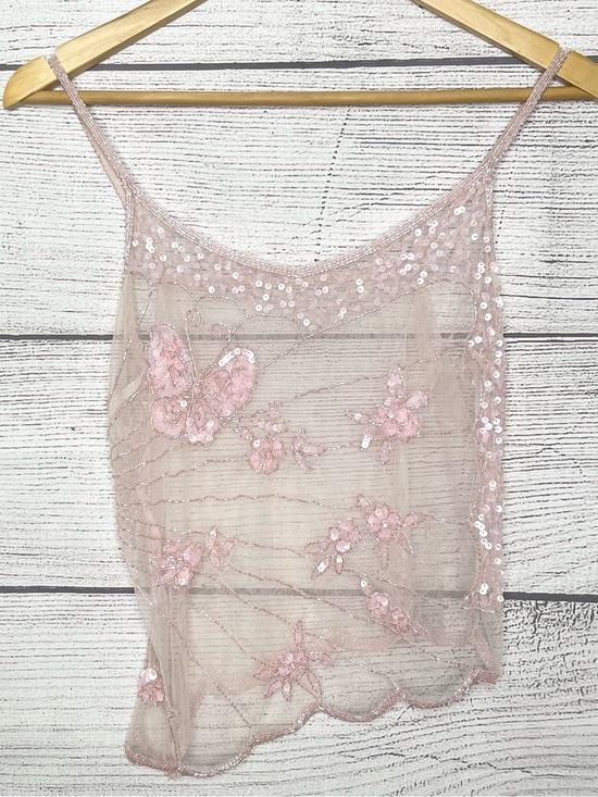 American Vintage Tops - Y2K Sheer Pink Beaded Embroidered Asymmetrical Butterfly Camisole Top Size Small